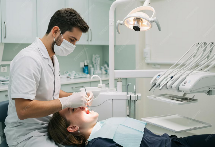 Dentist explaining the first visit process to a relaxed patient in a comfortable setting