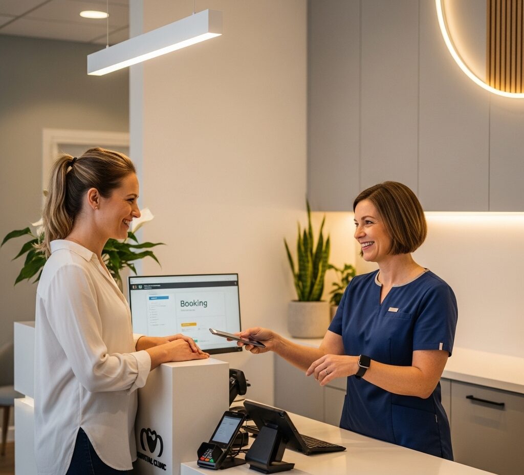 Patient booking their first dental visit at a welcoming dental clinic reception desk