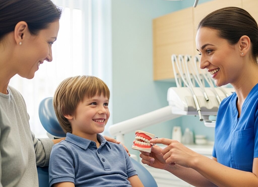 Child having a positive first dental visit with supportive parent and dentist